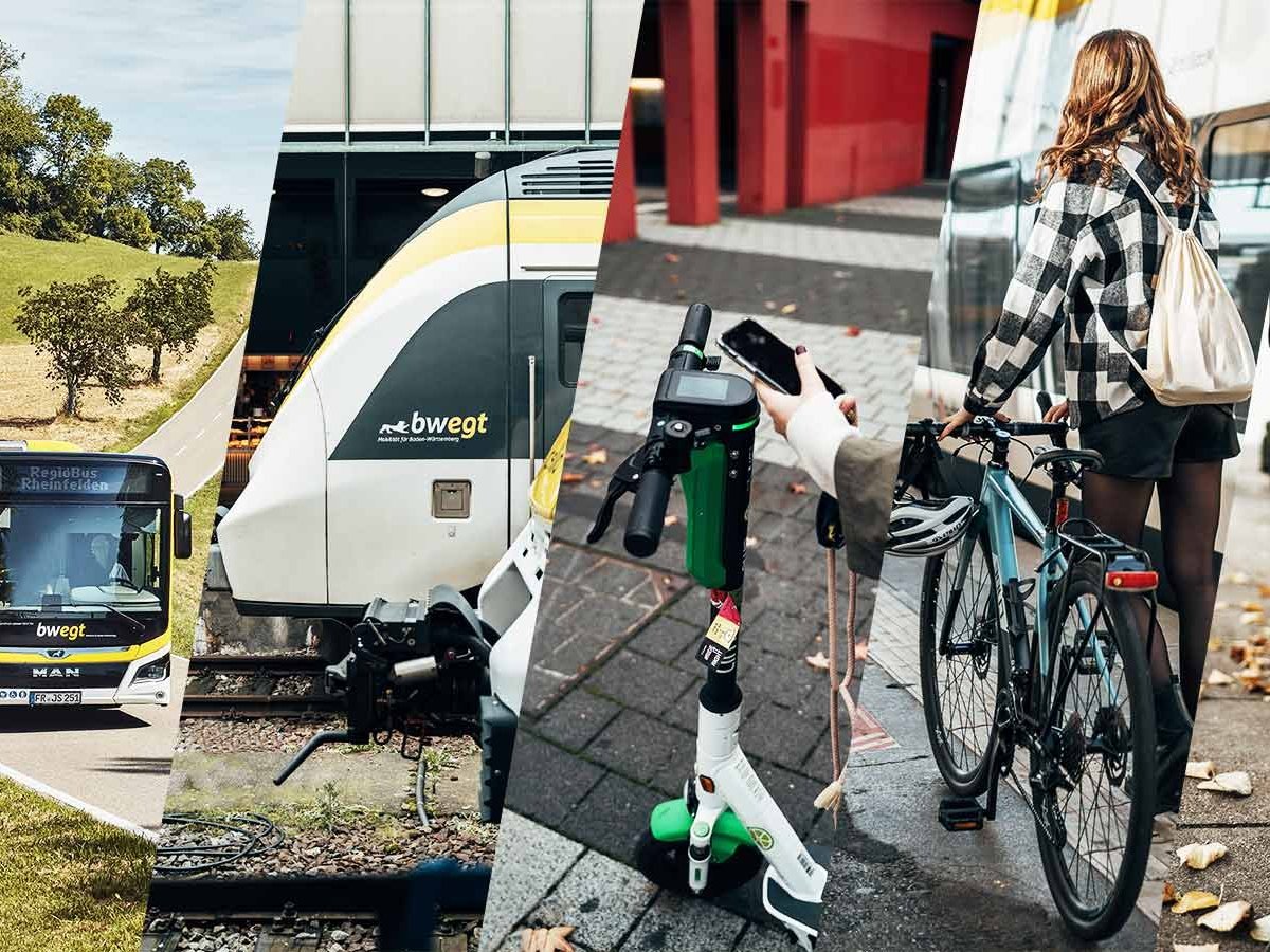 Kollage mit verschiedenen Fortbewegungsmitteln wie Fahrrad, Bus und Bahn.