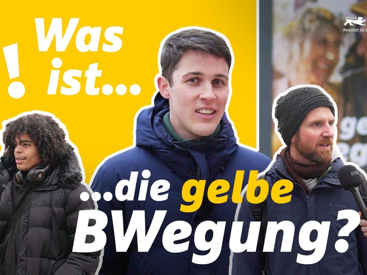 Collage aus drei Personen, denen ein Mikrofon vorgehalten wird und der Schriftzug "Was ist die gelbe BWegung?".