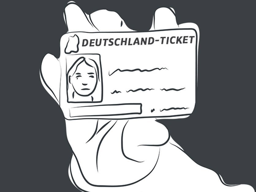 Grafik einer Hand, die das Deutschlandticket hält.