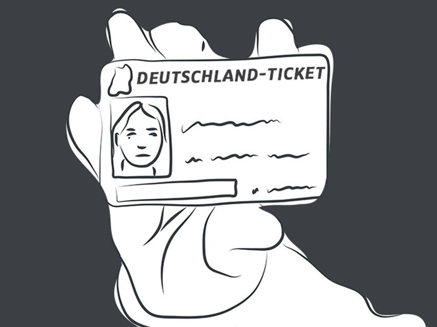 Grafik einer Hand hält ein Deutschlandticket in die Kamera.