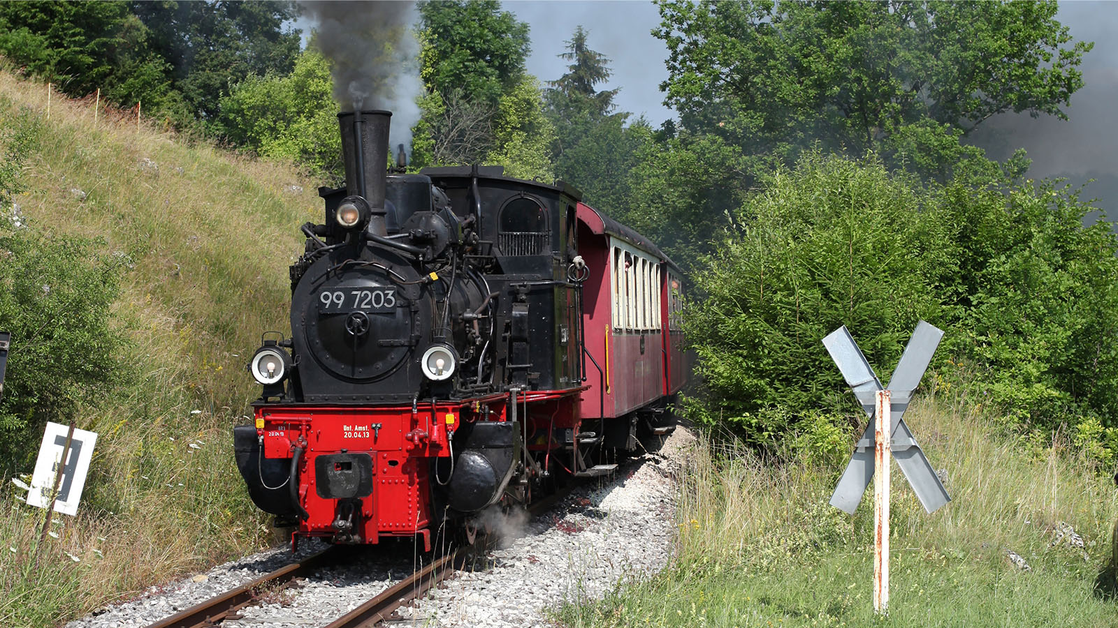 Eine Dampflokomotive fährt in bewaldetem Gebiet direkt auf den Betrachter zu