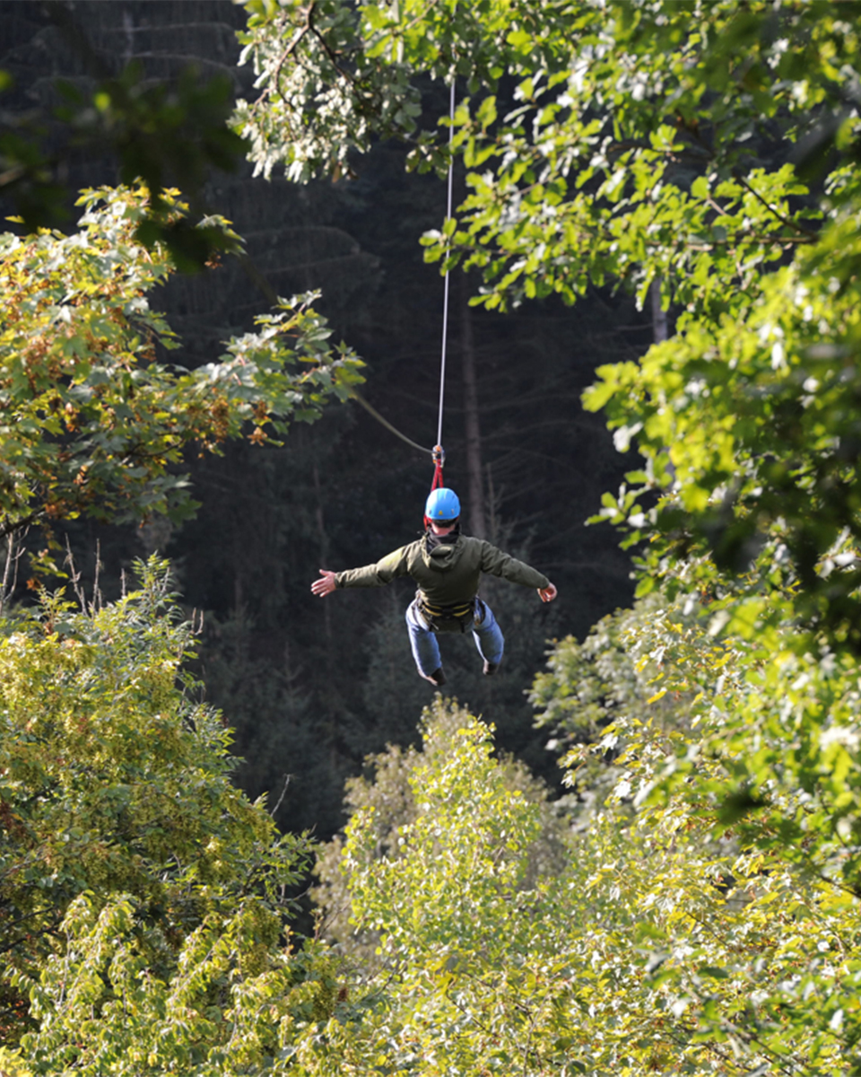 Mann saust an einer Seilbahn zwischen Bäumen umher.