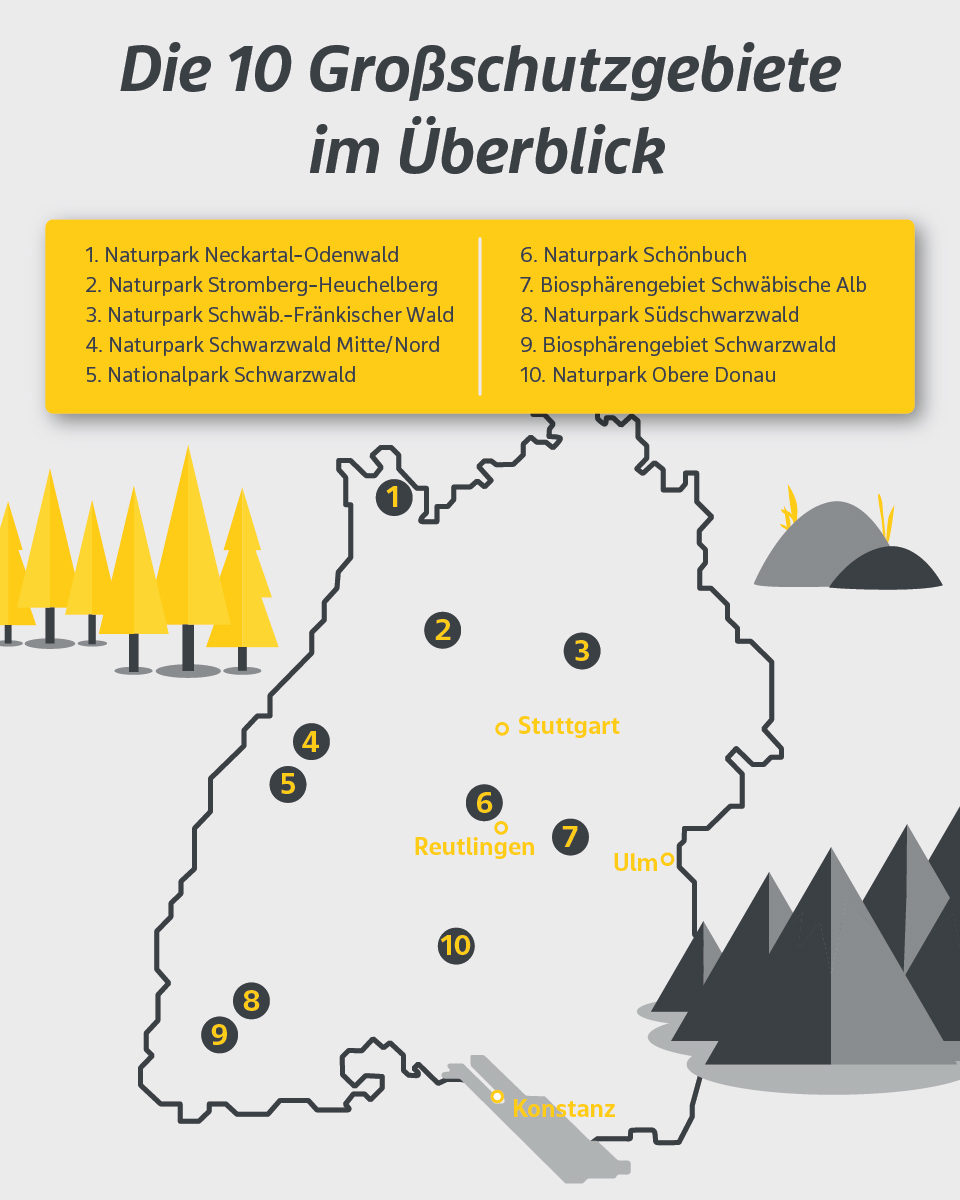 Karte von Baden-Württemberg mit eingezeichneten Großschutzgebieten.