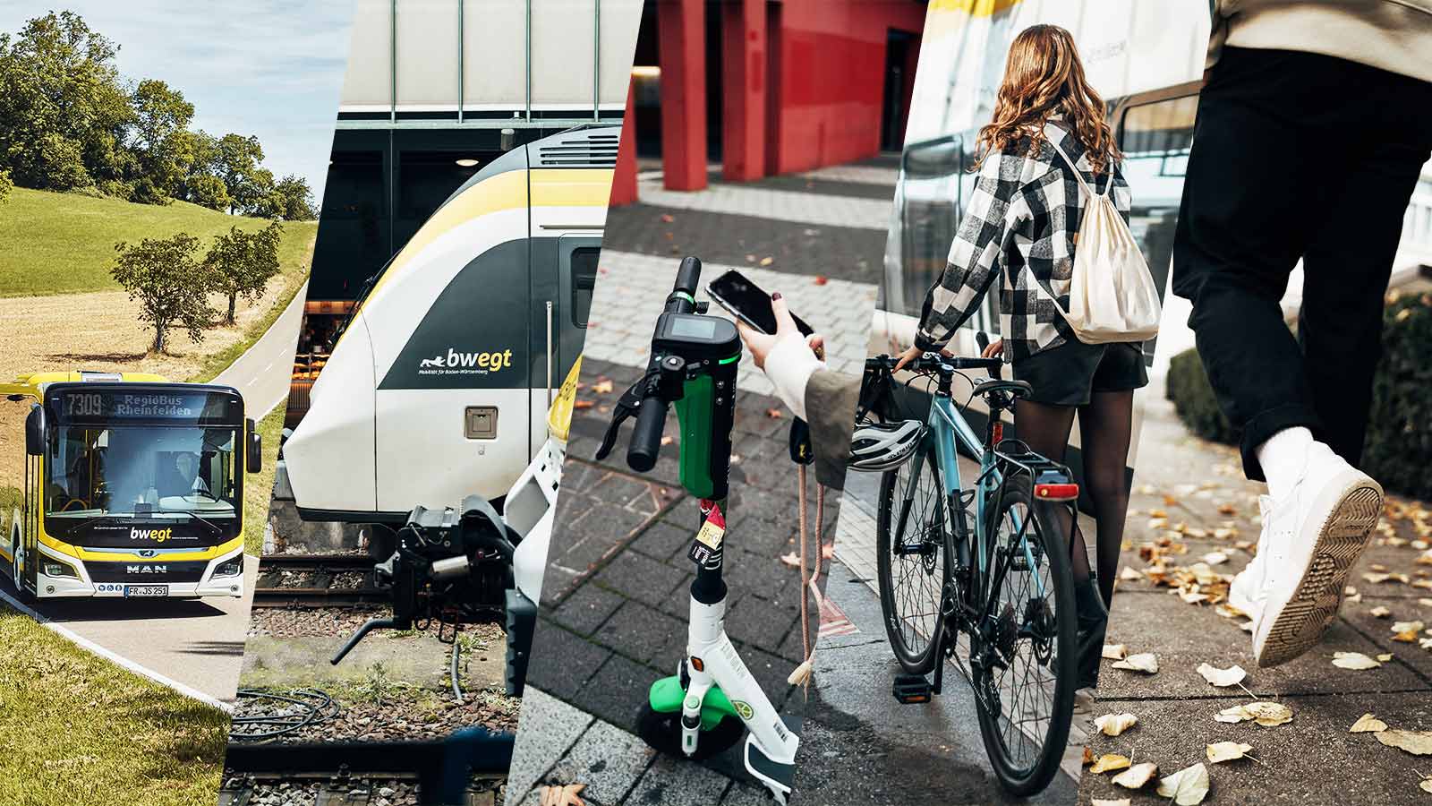 Eine Bildcollage zeigt verschiedene Formen der Mobilität (v.l.n.r.): einen Regiobus, einen Regionalzug, einen E-Scooter, eine Frau mit Fahrrad am Bahnhof sowie eine zu Fuß gehende Person.